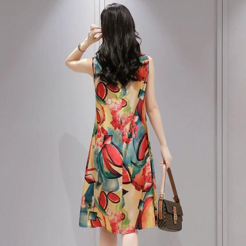 Summer Ethnic Print Satin Fabric Dress Round Neck Mom Loose Slim Mid-length Vest Skirt Daily