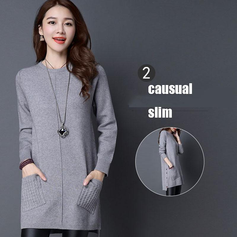 Women's Mid-length Pullover Sweater Loose Simple Irregular Hem Bottoming Sweater  Knitted Sweater Dress  with Pockets