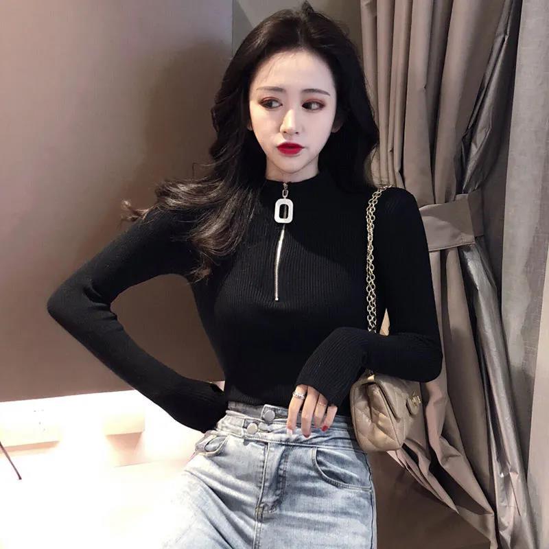 Half Turtleneck Knitted Bottoming Shirt Women's Inner Zipper Sweater Women's Western Style All-match Top Women's