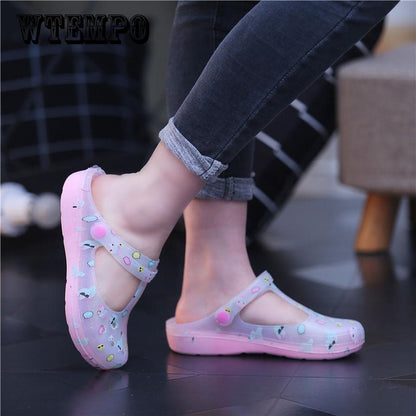 Summer Print Hole Shoes Women's Sandals Flat Jelly Shoes Beach Shoes Non-slip Slippers