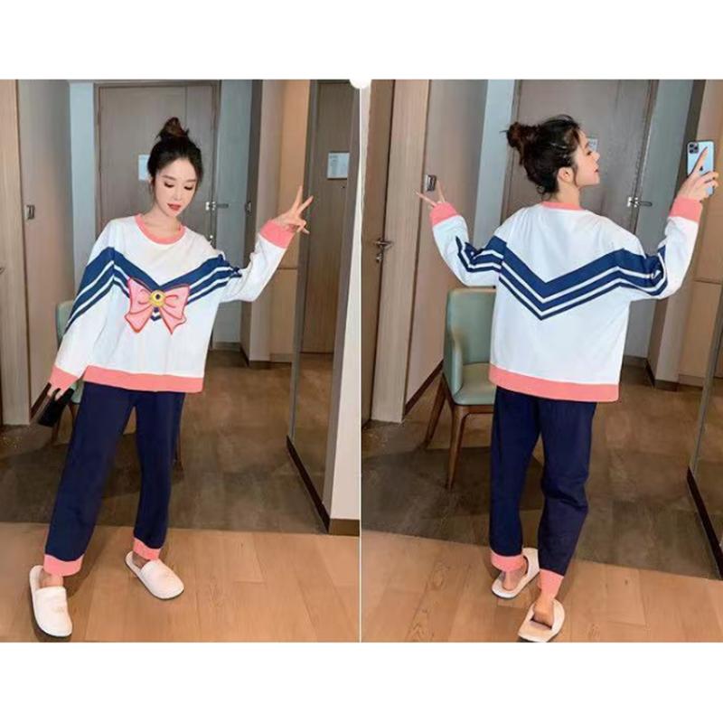 Spring and Autumn Women's Pajamas Set Cute Bow Printed Pajamas Set Plus Size Long Sleeves Outer Wear Casual Home Wear Two-Piece Set