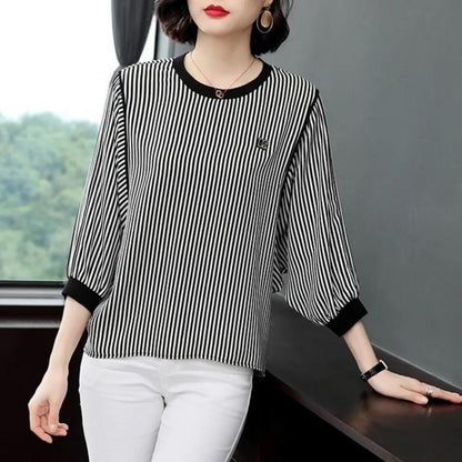 Black and White Striped T-shirt Women's Summer Large Size Loose Korean Version Mid-sleeve Bottoming Shirt