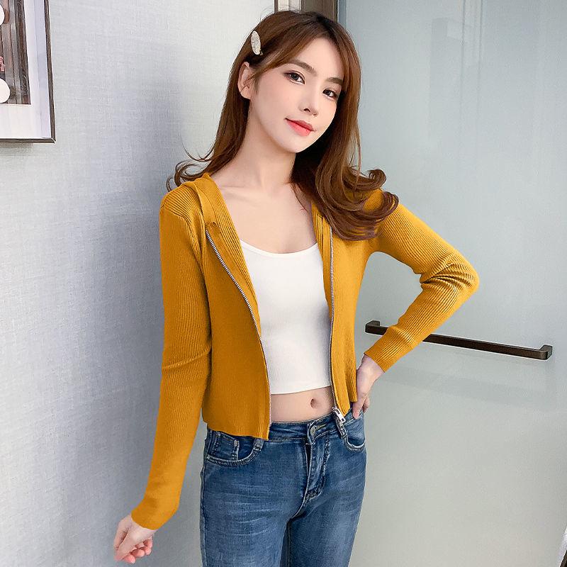Spring and Autumn Hooded Knit Blouse Women Short Slim Long Sleeve Sweater Fashion Cardigan Jacket