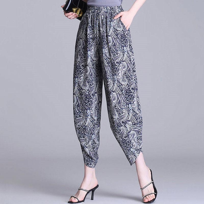 Nine Points Casual Pants Summer Loose Drape Harem Pants Printed Chiffon Wide-leg Pants Women's Pants Thin Bloomers