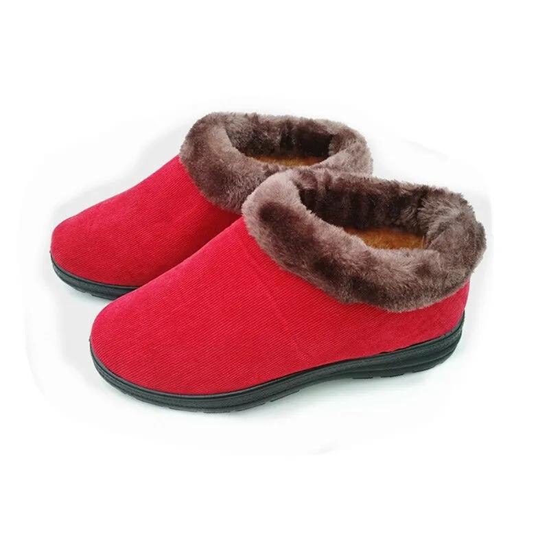 Women's Plus Velvet Warm Non-slip Cotton Shoes Home Shoes Slippers Mother Shoes Corduroy Cotton Shoes Flat-bottomed Soft Shoes for The Elderly