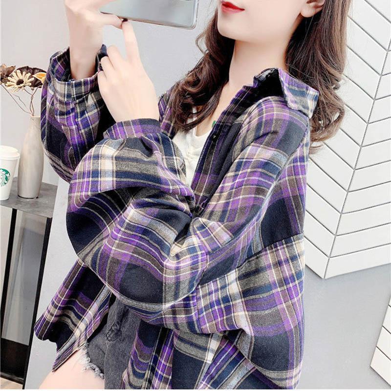 Plus Velvet/no Velvet Plaid Shirt Women's Spring and Autumn Long-sleeved Mid-length Loose Large Size