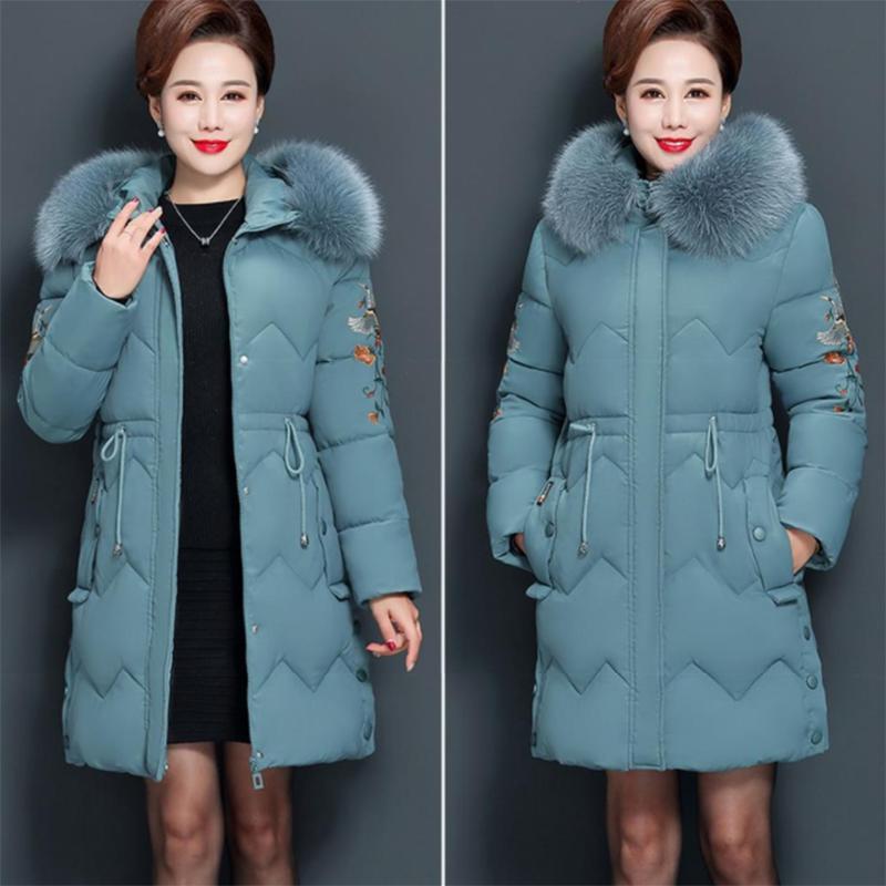 Women's Solid Color  Down Jacket Mid-length Korean Style Loose Thick Coat Warm Cotton Coat Large Fur Collar Winter Quilted Jacket