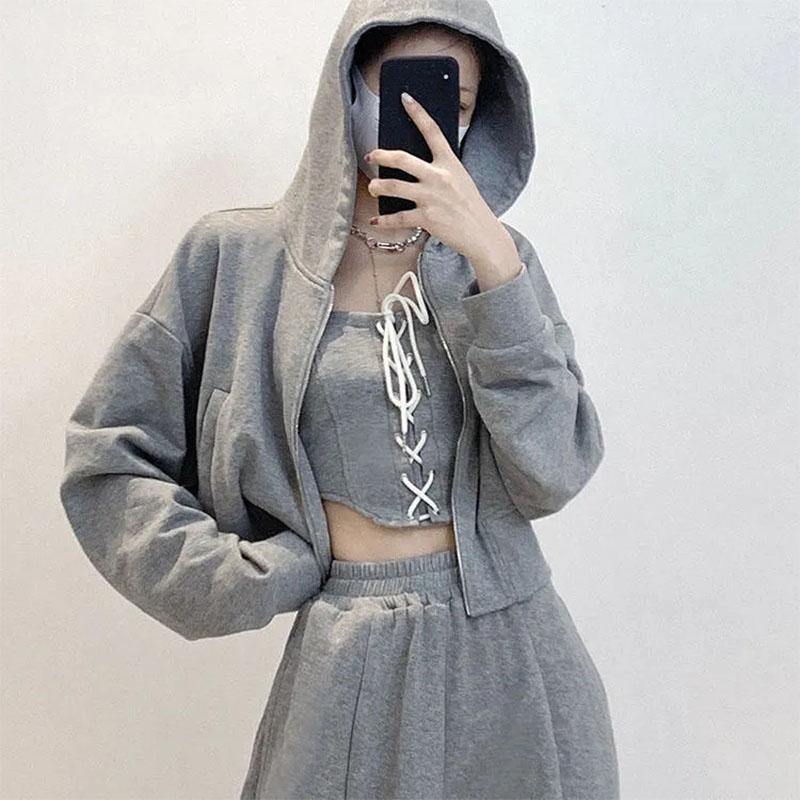 3PCS Women's Sports Street Adjustable Tube Top + Short Jacket + Loose Pants Three-piece Suit Ladies Long Sleeve Hooded Cardigan Jacket Suit