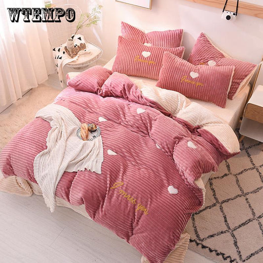 Fleece Fabric Bedding Sets Queen King Size Stripe Bed Duvet Cover Bed Sheets Linen Set Winter