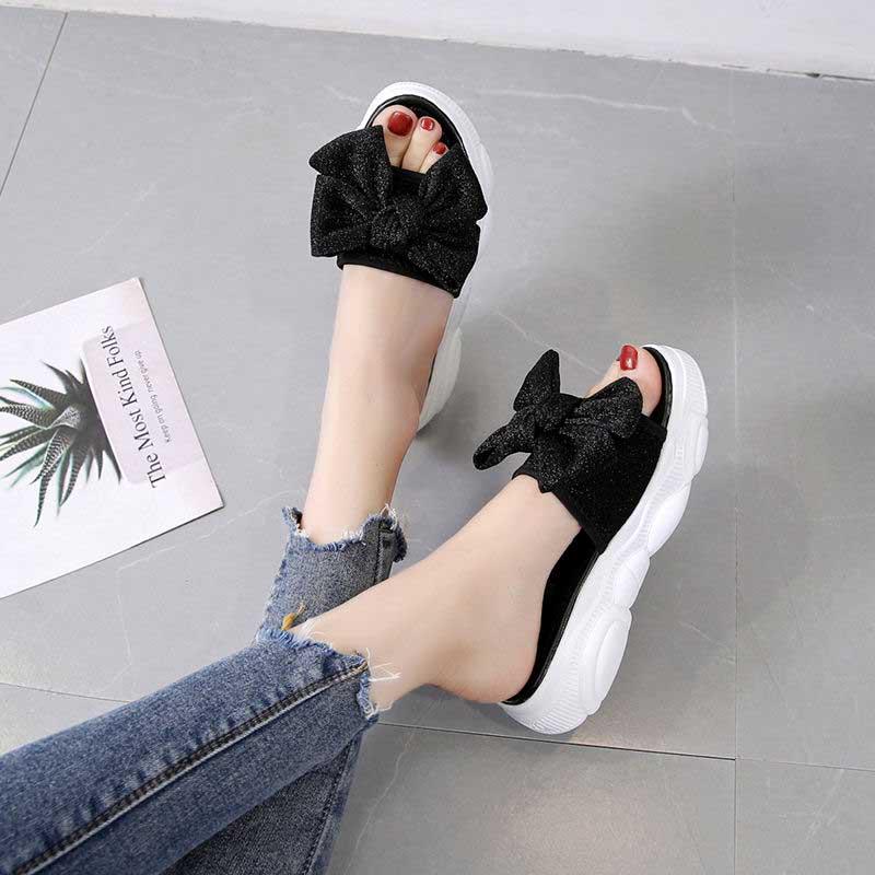 Size 35-40 Summer Women All-match Bow Slippers Outdoor Pearl High Heels Sandals Bohemian Beach Wear-resistant Non-slip Slippers Wedge Platform Sandals