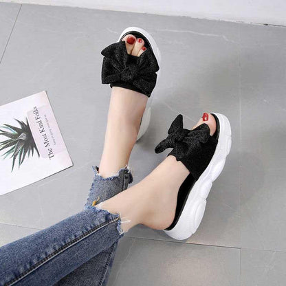 Size 35-40 Summer Women All-match Bow Slippers Outdoor Pearl High Heels Sandals Bohemian Beach Wear-resistant Non-slip Slippers Wedge Platform Sandals