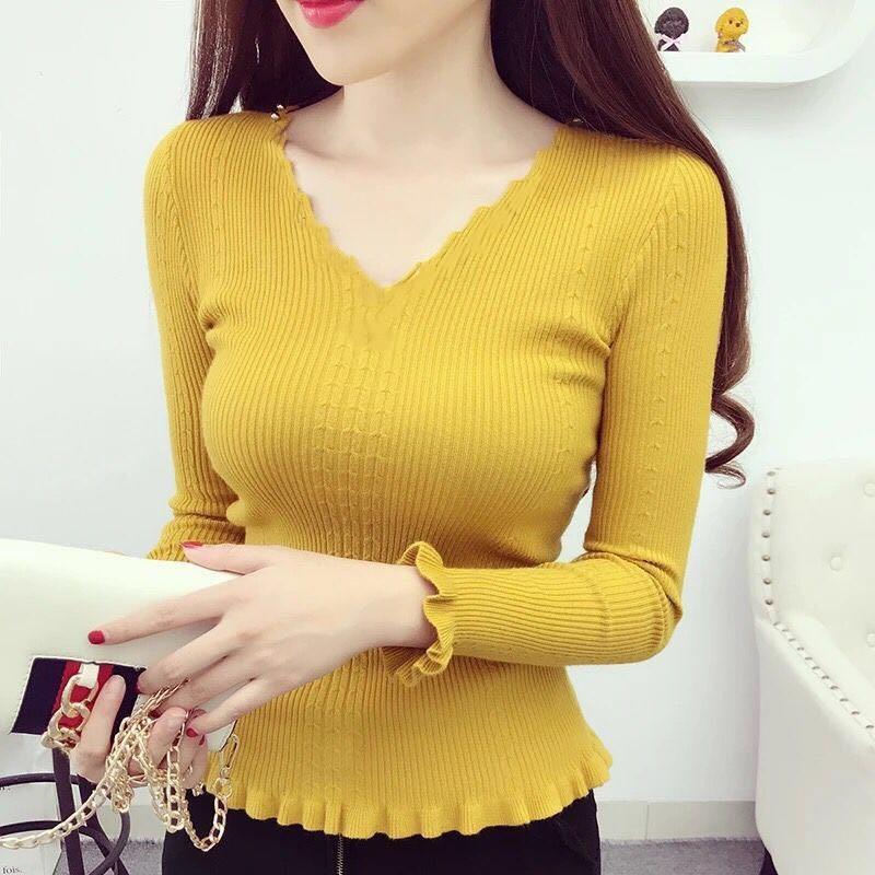 Pofulove Women's Long-sleeved V-neck Red Knitted Bottoming Shirt Autumn Winter Pullover Sweater