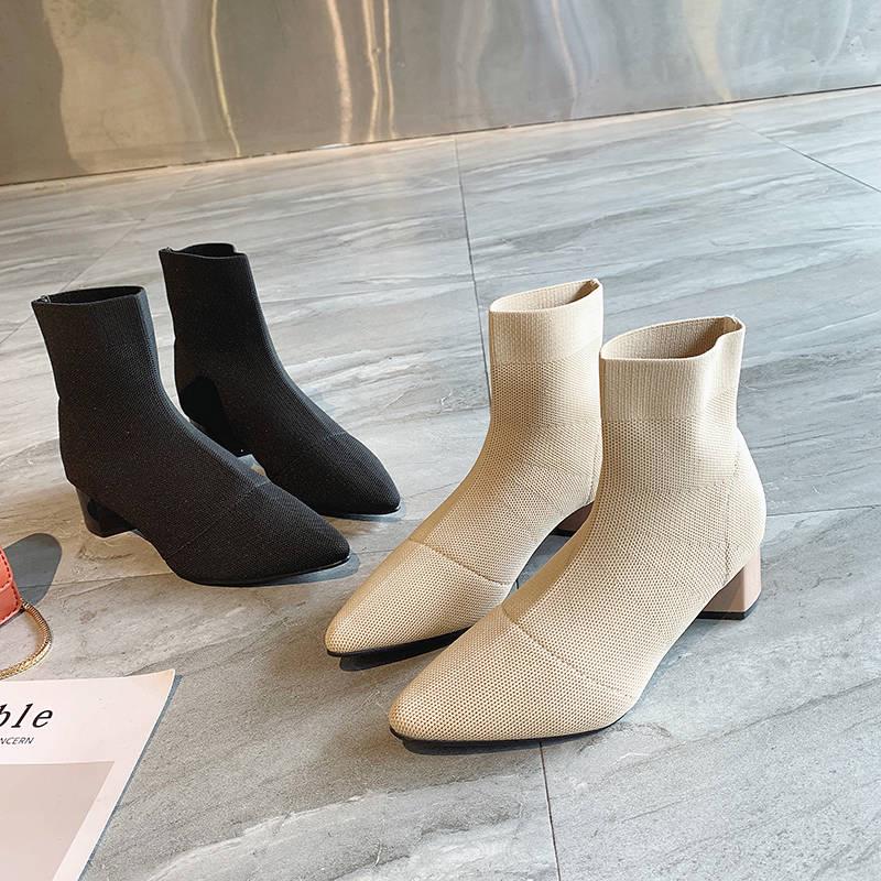 Flock Ankle Boots Women for Autumn Winter Fashion Pointed Toe Heel Woman Chelsea Boots Plus Size