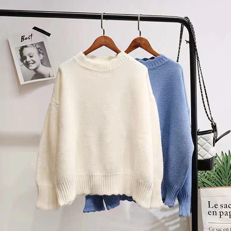 Autumn and Winter Sweater Women's Hedging Loose Solid Color Petal Collar Base Sweater