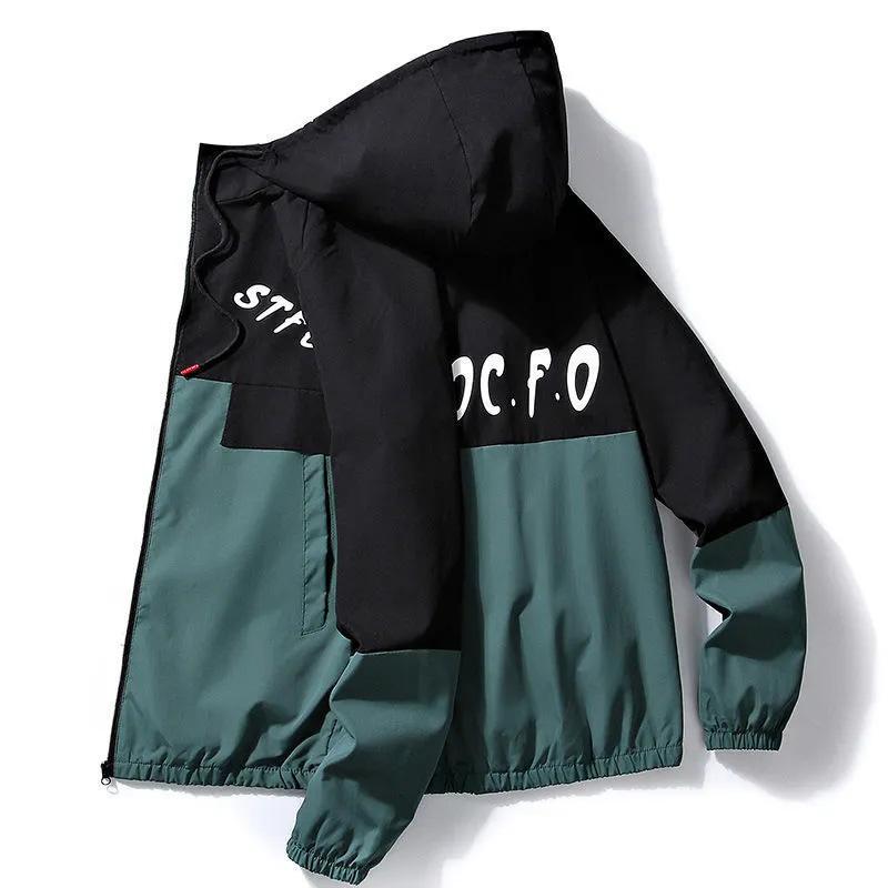 Spring and Autumn Jacket Men's Tooling Hooded Jacket Trendy Handsome Loose Teen Student Printed Thin Top