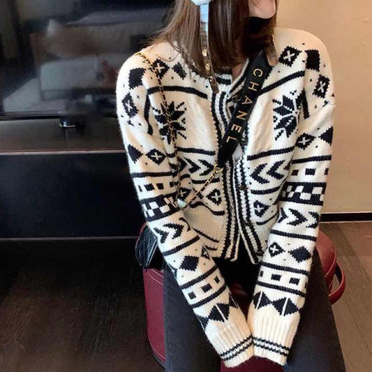 Spring and Autumn Short Cardigan Jacket Printed Splicing Color Loose Sweater Retro Thin All-match Top