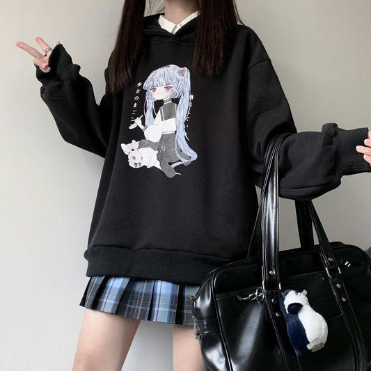 Anime Hoodies Japanese Oversized Loose Harajuku Sweatshirts Thick Fleece Fall Winter Pullovers Top Clothes Black Plus Size Fashion Streetwear Coat