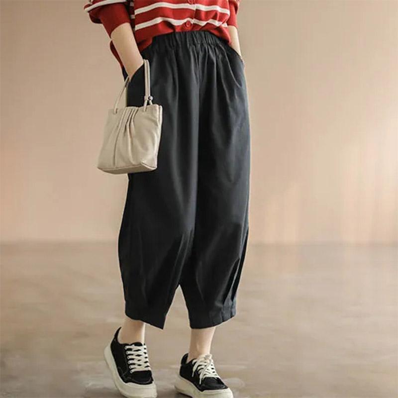 Women's Summer Loose and Thin Harem Pants Ladies Retro Solid Color Casual Pants Elastic Waist Nine-point Pants Comfortable Casual Cropped Cargo Pants