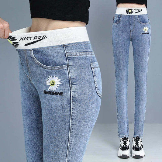 Spring and Autumn Models of Stretch Jeans Women's High-waisted Slim and Versatile Student's Slim Feet Nine-point Leggings