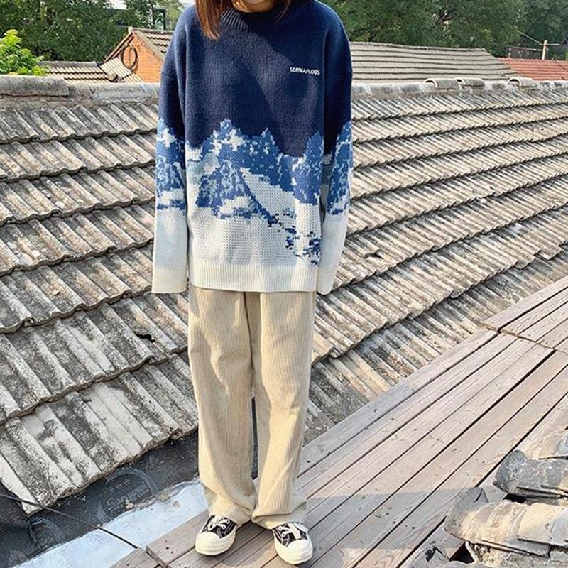 Autumn and Winter Stitching College Style Sweater Loose Outer Wear Casual Jacket Round Neck Pullover Knitted Jacket