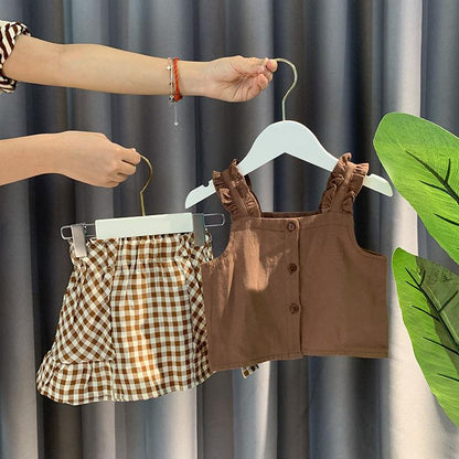 Kids Baby Girl Clothes Set Tops Solid Sleeveless Shirt Crop Plaid A-Line Skirt Summer Casual Outfit Sets Girls 0-2Y