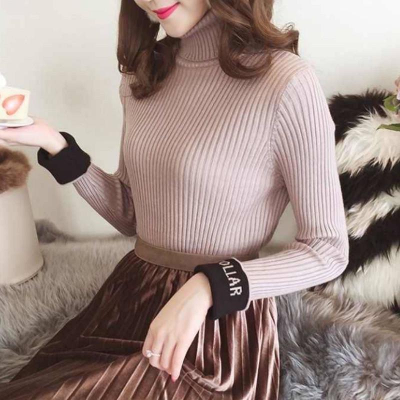 Pofulove sweater Slim thick letter short section long sleeves inside student turtleneck sweater base