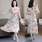 Short-sleeved Chiffon Dress Female Summer Plus Size Waist Slimming Long Round Neck Floral Skirt Temperament Elegant Chiffon Dress