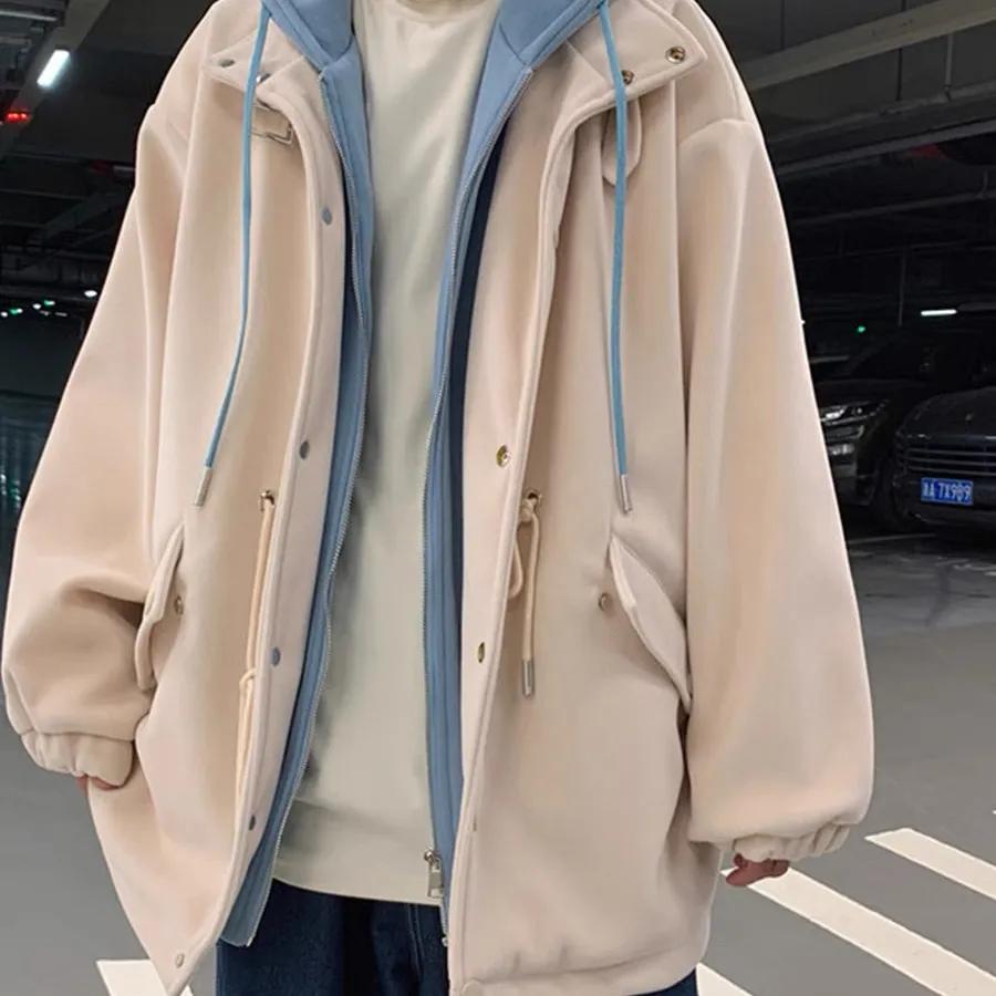 Fake Two-piece Velvet Thick Jacket Youth Hooded Zipper Cardigan Unisex Autumn and Winter Windbreaker Loose Casual Thick Coat