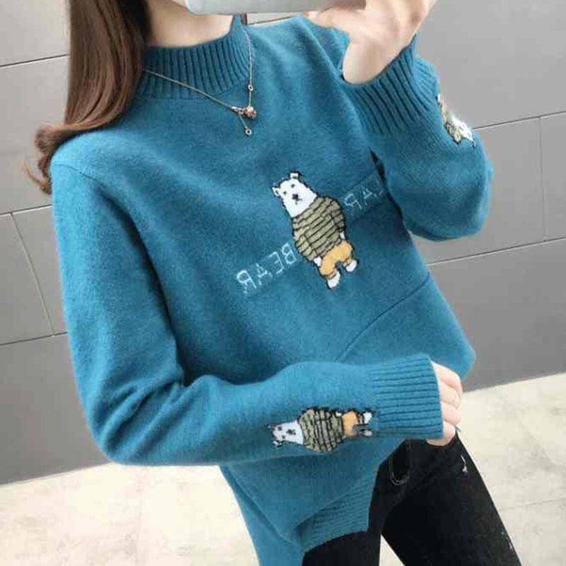 Autumn and Winter Half Turtleneck Sweater Loose Large Size Knitted Bottoming Shirt Jacquard Cute Style Female Top