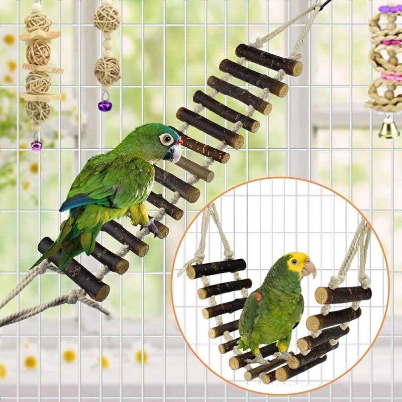 8 Pieces of Parrot Toy Swing Primary Color Wood Gnawing Molar Toy Bird Cage Pendant Supplies Climbing Ladder Rattan Ball