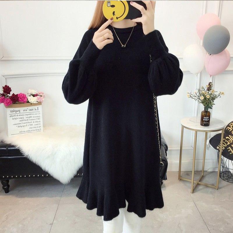 Spring and Autumn Maternity Clothes Long Sleeve Dress Mid-length  Loose Plus Size Round Neck Knitted Skirt