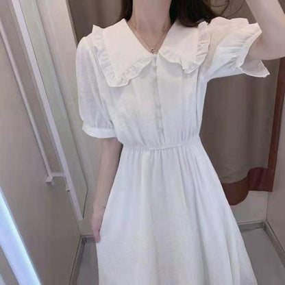 Thin Long Skirt Japanese Style Fresh College Style Sweet Girl Waist Thin White Dress Fabric Thin Breathable Sweet and Cute White Dress