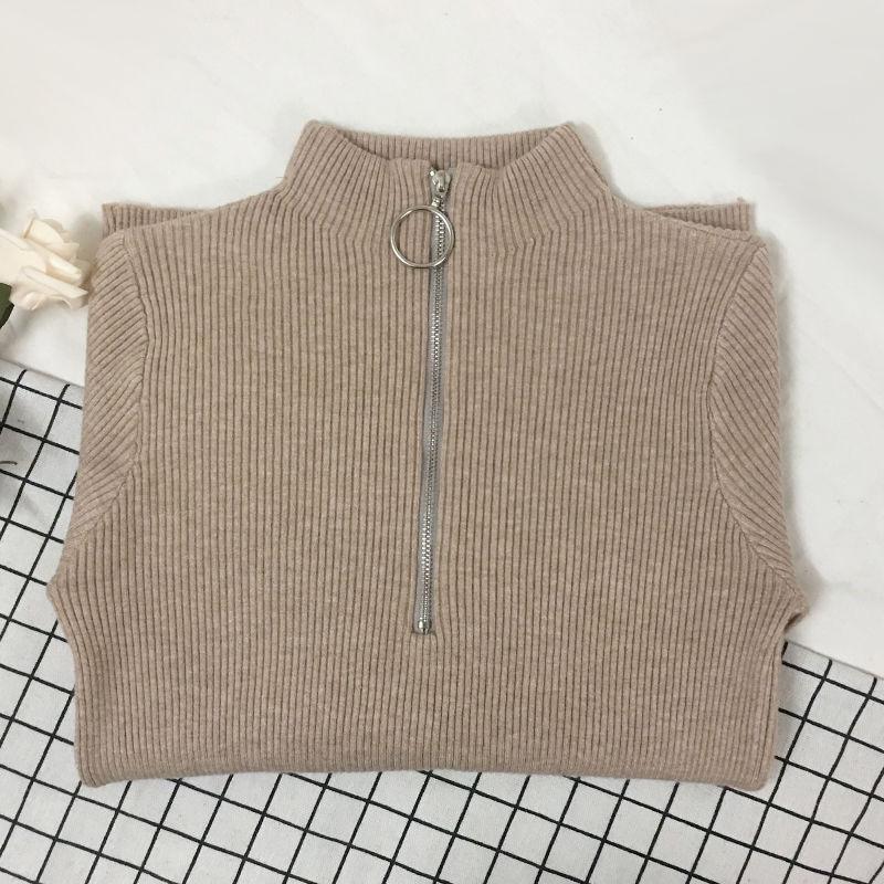 Pofulove Half-neck Collar Sweater Autumn  Winter Inside Thick Slim Outer Wear Knitted Bottom Shirt