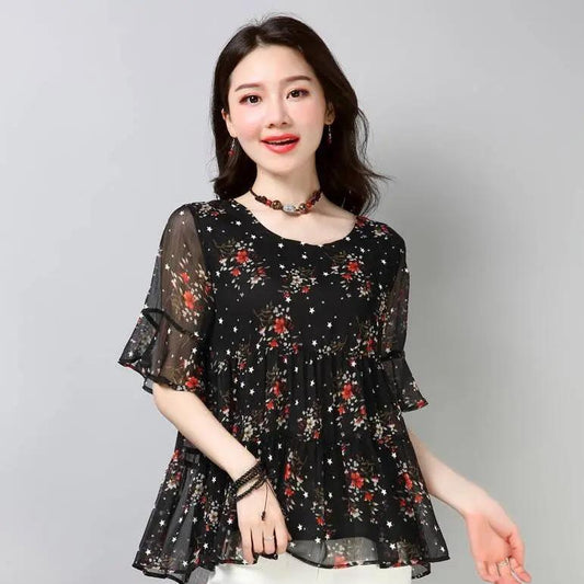 Chiffon Shirt Short -sleeved Large Size Women's Shirt Floral Loose T-shirt Round Neck Shirt