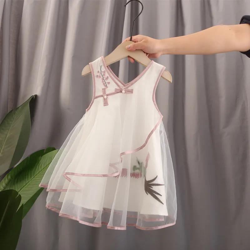 Girls Dress Temperament Cheongsam Mesh Princess Skirt Chinese Style Baby Vest Skirt Sleeveless Round Neck A-line Skirt