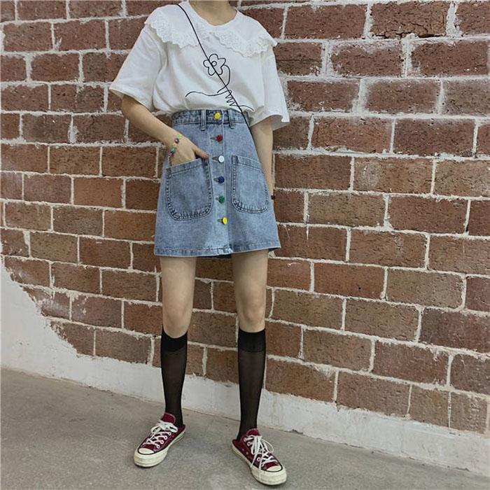 Women Summer High-waisted Skirt Student Casual Anti-light-out Was Thin Mini A-line Denim Short Skirt