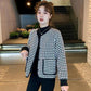 Temperament Small Fragrance Round Neck Houndstooth Short Coat Women's Spring and Autumn All-match Long-sleeved Round Neck Top