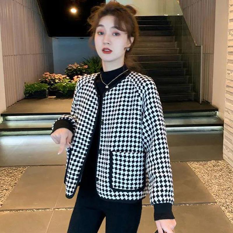 Temperament Small Fragrance Round Neck Houndstooth Short Coat Women's Spring and Autumn All-match Long-sleeved Round Neck Top