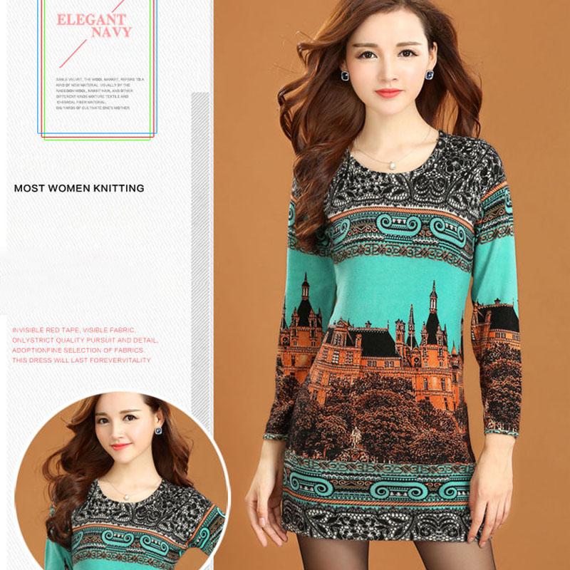 Women's Cashmere Sweater Printing Mid-length Wool Sweater  Large Size Knit Sweater Dress Female Bottoming Dress Fall Winter