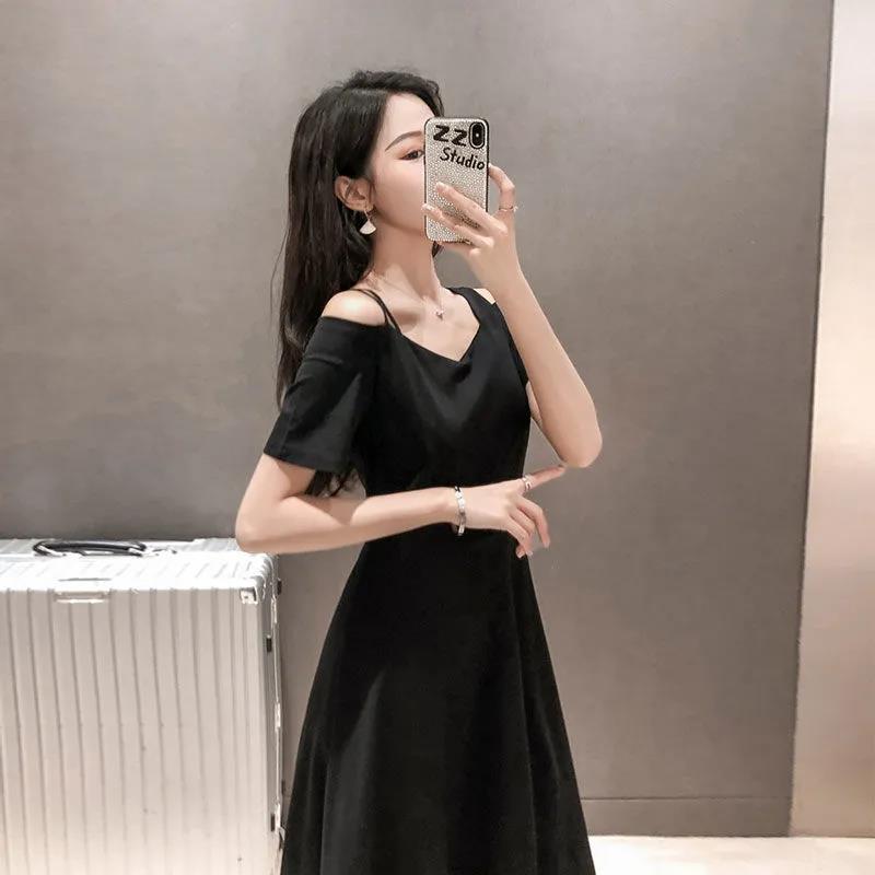 Sling Dress Women's V-neck Strapless Slim Slimming Waist Hepburn Style Black Dress Women's Strapless Elegant Black Dress