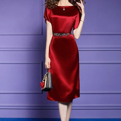 Plus Size S-XXXXXL Summer Mid-length Silky Satin Ladies Dress Short-sleeved Over-the-knee Dress Free Belts of The Same Color