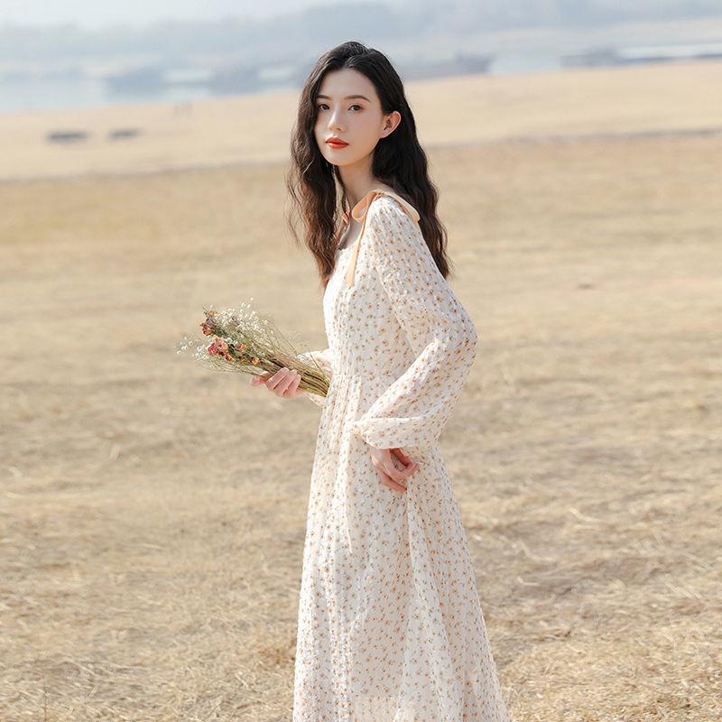 Spring Summer Floral Dress Female Temperament Fresh Chiffon Over The Knee Dress Mid-length