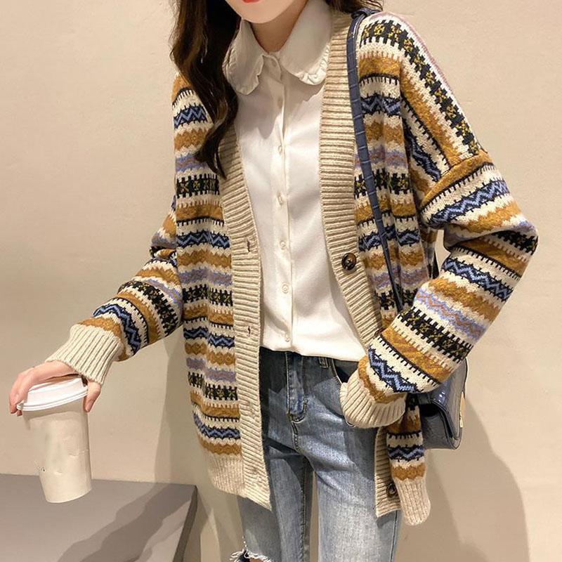 Autumn and Winter Retro Striped Knitted Sweater Loose Cardigan Large Size Blouse Elegant Jacquard Young and Middle-aged Ladies Jacket