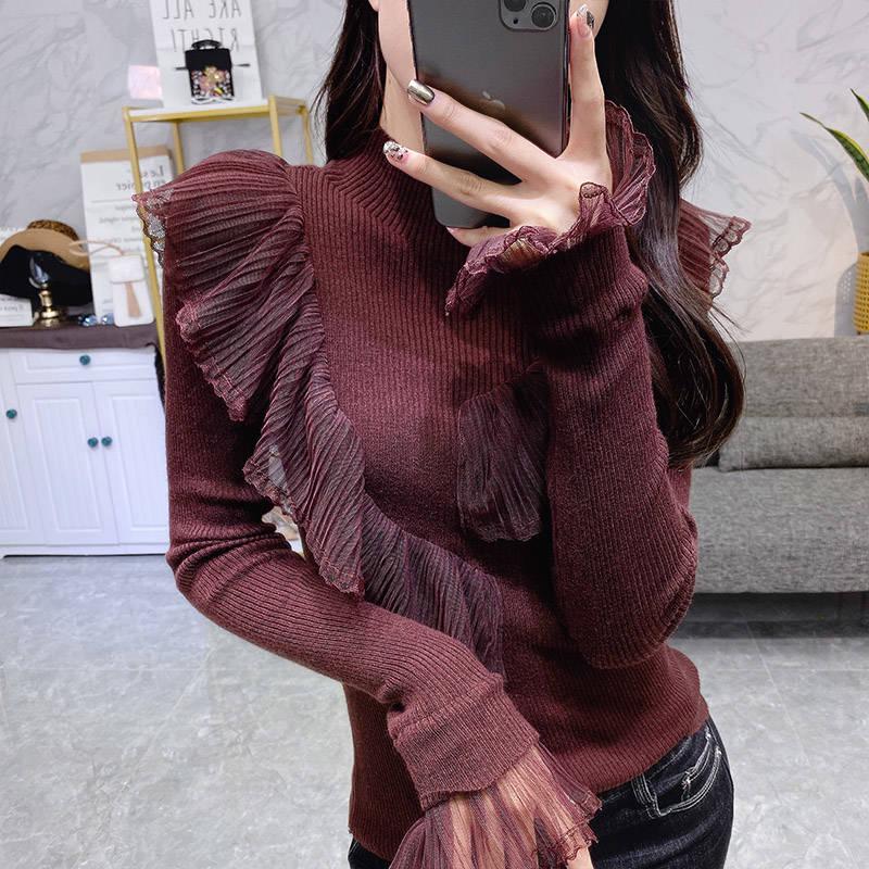 Women Sexy Lace Ruffles Base Jumper Turtleneck Solid Color Knitwear Slim Bottoming Sweaters