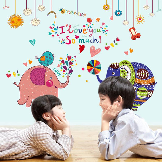 Cartoon couple baby elephant child room living room background decorative wall stickers