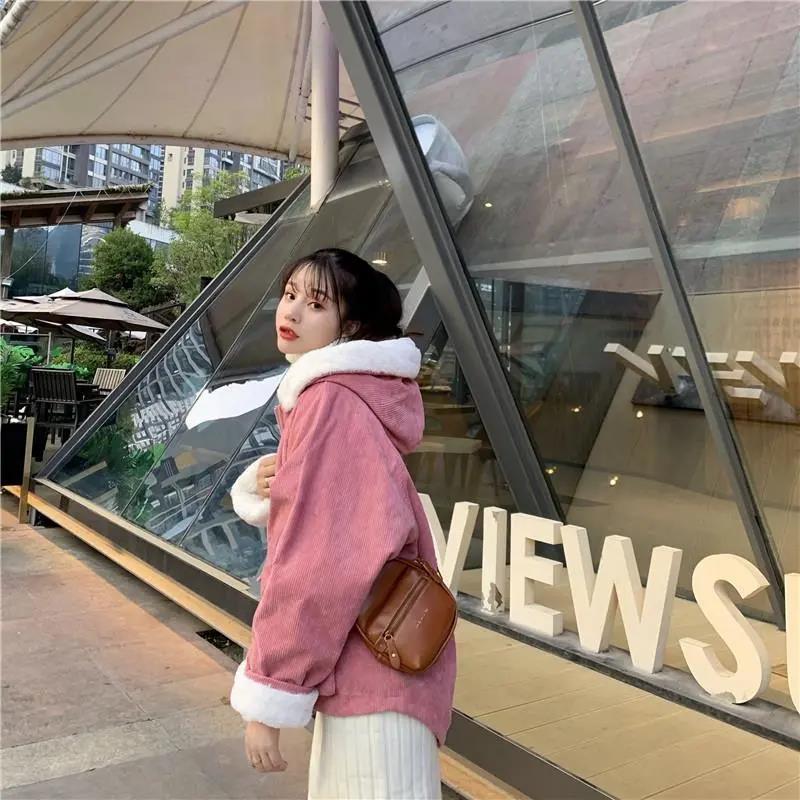 Cotton Plus Velvet Loose Hooded Corduroy Long-sleeved Cotton-padded Jacket Female Student