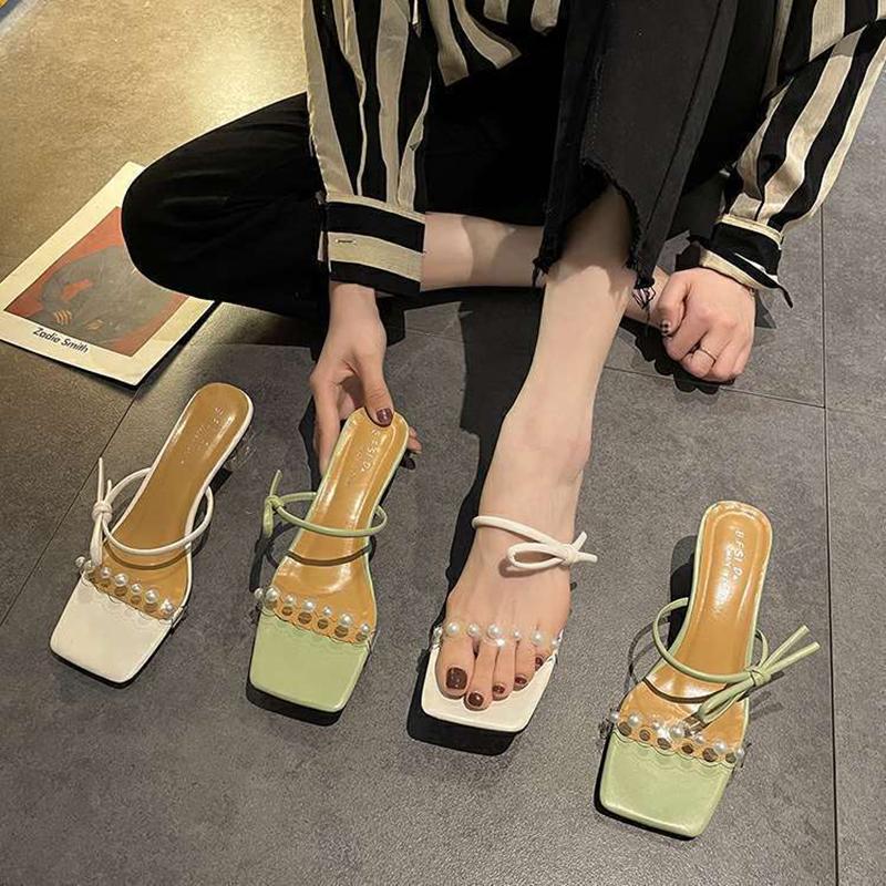 Crystal Heel Slippers Women's Summer Wear Fashion 2 Thick Heel Transparent Sandals