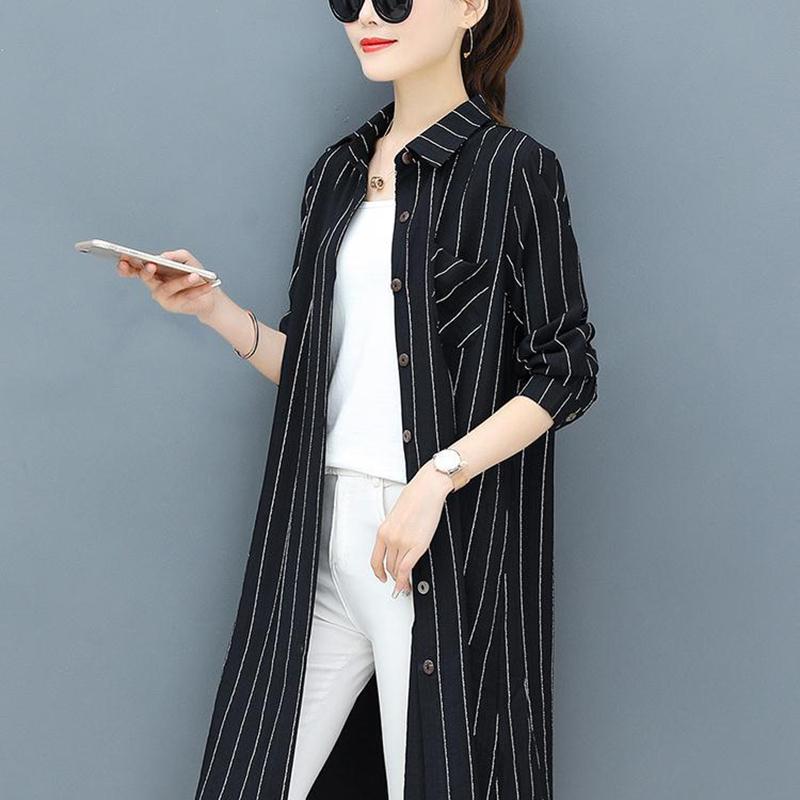 Women's Long-sleeved Striped Shirt Loose Casual Plus Size Mid-length Blouse