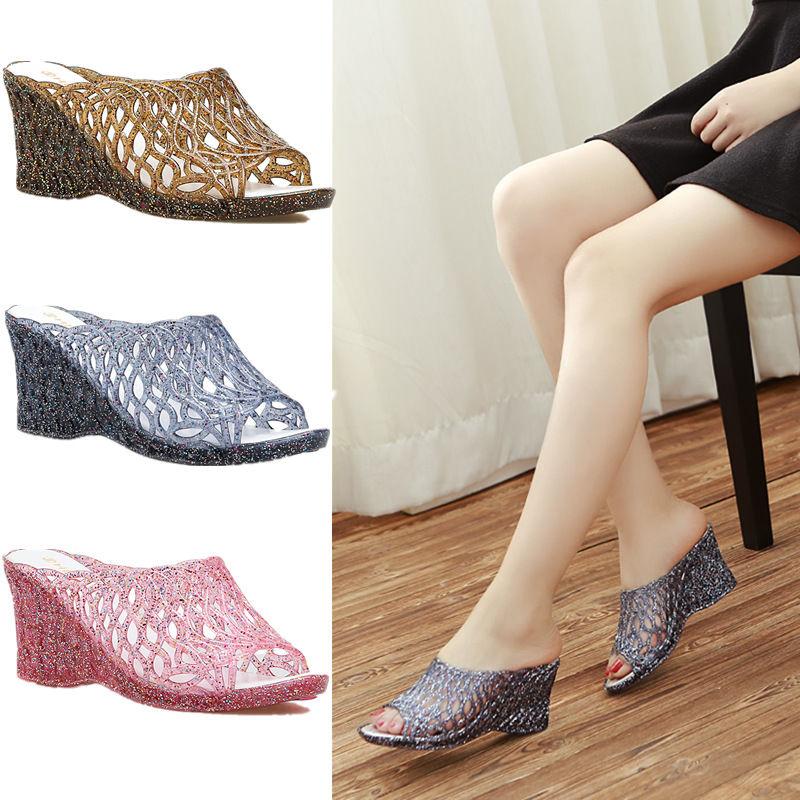Summer Ladies Crystal Thick Bottom Wedges Plastic Sandals Jelly High-heeled Crystal Fashion Mother Non-slip Sandals One Size Smaller