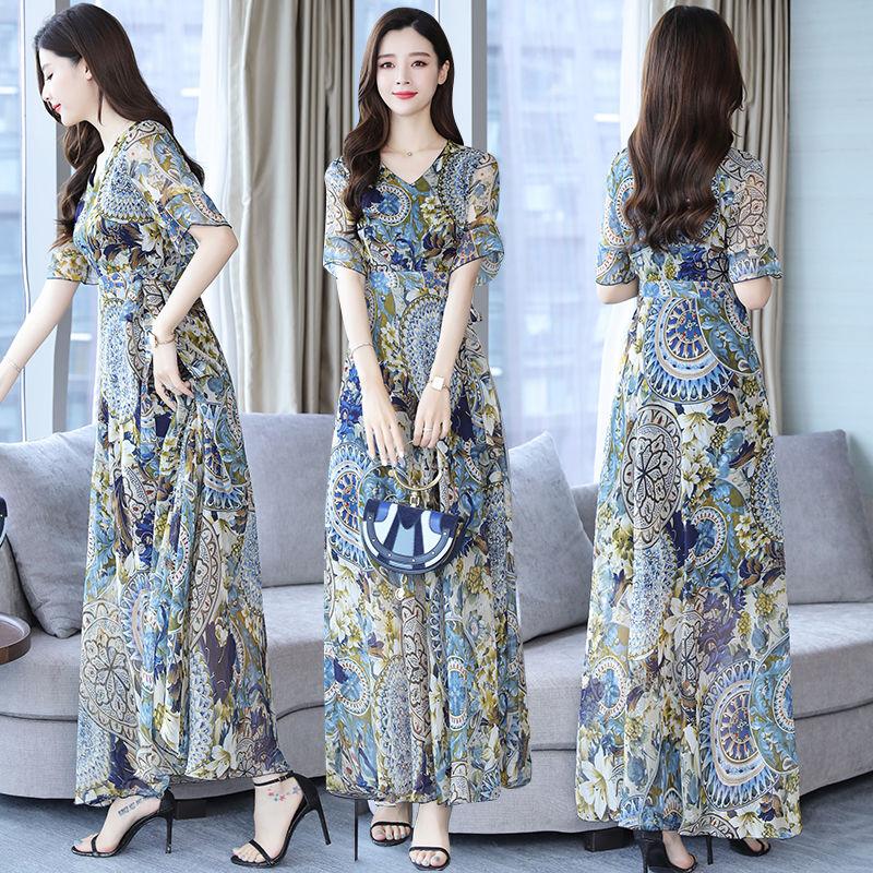 Dress Summer Women's Large Size Chiffon Waist Waist Was Thin Floral Long Skirt A-line Version Long Skirt Large Skirt Waist Waist Was Thin Beach Dress